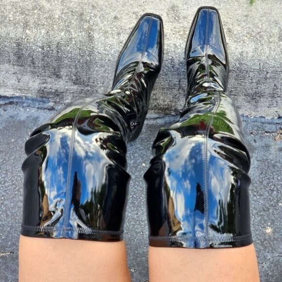 Black Thigh High Chunky Heel Boots Pull On with Side Zipper - Picture 7 of 8